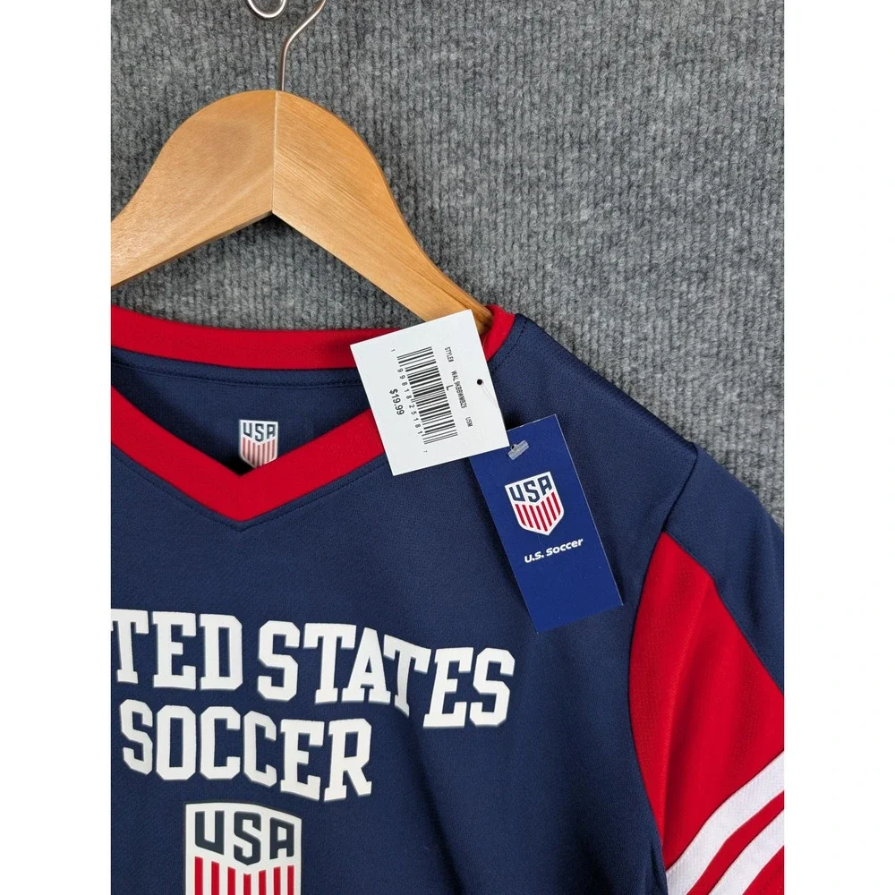 US Soccer Boys Jersey Navy Blue Red White V-Neck Shirt Size L 12-14 NEW